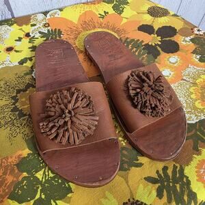 Beek Wood Sole Leather Pom Pom Slide Sandals Brown Boho Made In Mexico 8